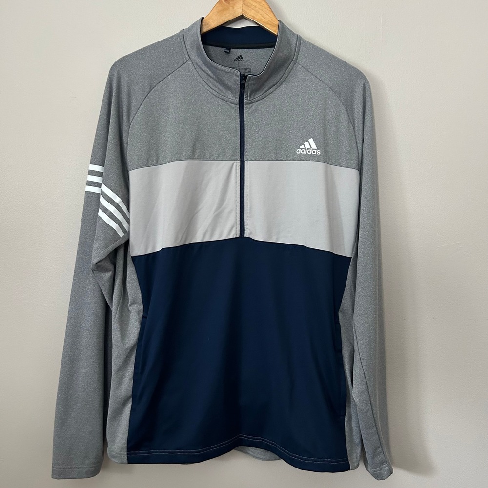Adidas Pullover Mens Large Gray Navy 1/4 Zip Colorblock Sweatshirt Athletic